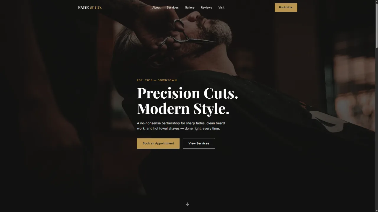 Fade & Company barbershop website homepage on a laptop
