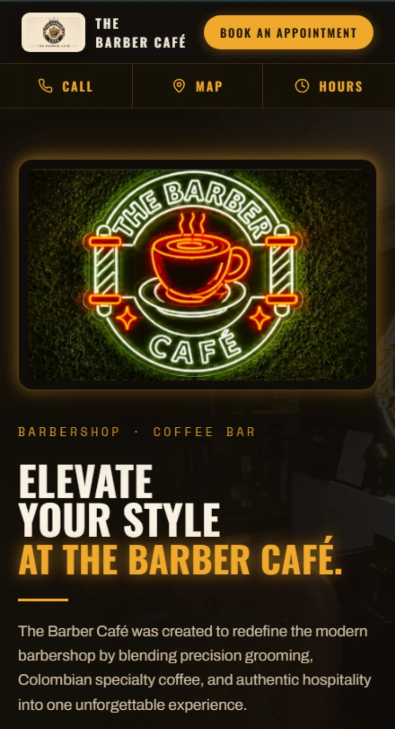 The Barber Café homepage on a phone
